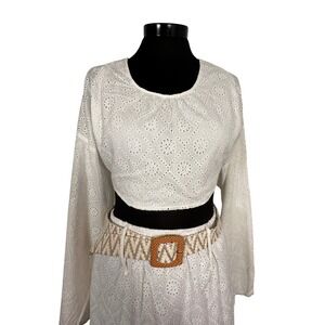 Open Back Blouse Eyelet Crop Top Boho Festival Long Sleeve XLarge